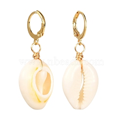 Natural Cowrie Shell Beads Dangle Earrings for Girl Women, 304 Stainless Steel Leverback Earring, Golden, 42mm, Pin: 1mm(EJEW-JE04641-01)