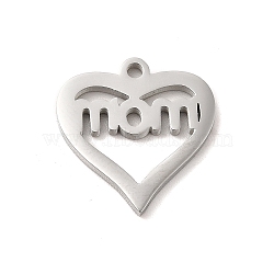 Mother's Day Theme 304 Stainless Steel Pendants, Stainless Steel Color, Heart with Word Mom Charms, Heart, 16.5x15.5x1.3mm, Hole: 1.5mm(STAS-E171-03P-04)