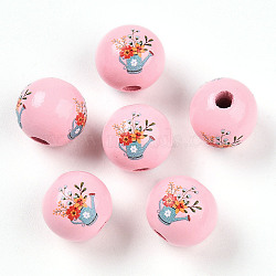 Easter Theme Printed Wood Beads, Round, Pink, 14.5~15x15.5~16.5mm, Hole: 4~4.5mm(WOOD-T032-22S)