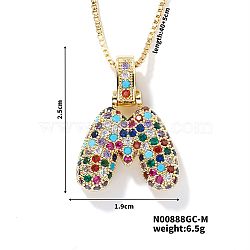 Brass Pave Colorful Cubic Zirconia Letter Pendant Box Chain Necklaces, Golden, Letter M, 15.75 inch(40cm)(NU0575-13)