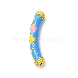 Pack Plating Alloy Enamel Beads, Matte Gold Color, Curved Tube with Flower, Dodger Blue, 9.5x37x7mm, Hole: 3mm(ENAM-M048-33MG-D)