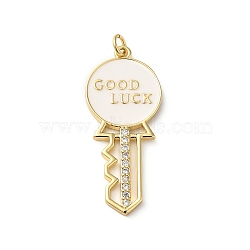 Rack Plating Brass Pave Cubic Zirconia Enamel Pendants, with Jump Ring, Lead Free & Cadmium Free, Real 18K Gold Plated, Long-Lasting Plated, Key with Word Good Luck Charm, White, 38x16x2mm, Hole: 3.4mm(KK-O142-30G)