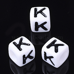 Acrylic Horizontal Hole Letter Beads, Cube, White, Letter K, Size: about 7mm wide, 7mm long, 7mm high, hole: 3.5mm, about 200pcs/50g(X-PL37C9129-K)