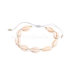 Adjustable Braided Nylon Thread Anklets, with Natural Cowrie Shell Beads and Brass Cube Beads, Golden, 2-3/8~4-3/8 inch(6~11cm)(AJEW-AN00318)