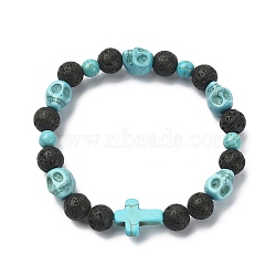 Dyed Natural & Synthetic Mixed Gemstone Skull & Cross Beaded Stretch Bracelets, Turquoise, Inner Diameter: 2-1/4 inch(5.8cm)(BJEW-TA00272-02)