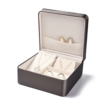 PU Leather Jewelry Set Boxes, with White Sponge, for Necklaces and Earring, Drawbench Style, Rectangle, Gray, 15.1x14.2x7.2cm