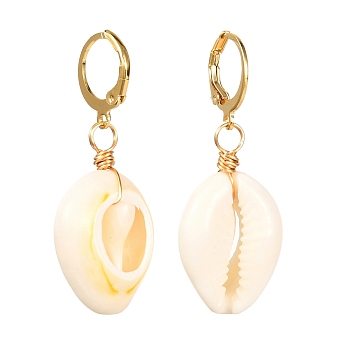 Natural Cowrie Shell Beads Dangle Earrings for Girl Women, 304 Stainless Steel Leverback Earring, Golden, 42mm, Pin: 1mm