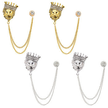 AHADEMAKER 4Pcs 2 Colors Lion with Crown Rhinestone Safety Pin Brooch, Hanging Long Chain Alloy Pin for Suit Shirt Collar, Antique Silver & Antique Golden, 175mm, 2pcs/color