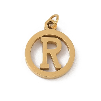 304 Stainless Steel Charms
with Jump Ring, Golden, Ring with Letter Charm, Letter R, 14.5x12x1.5mm, Hole: 3mm