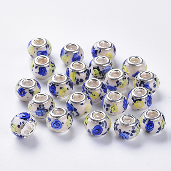 Handmade Lampwork European Beads, Large Hole Beads, with Silver Color Plated Brass Double Cores, Inner Flower Lampwork, Rondelle, Blue, 14x11mm, Hole: 5mm