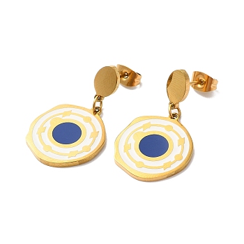 Enamel Flat Round Dangle Stud Earrings, Ion Plating(IP) 304 Stainless Steel Jewelry for Women, Golden, 30mm, Pin: 0.7mm