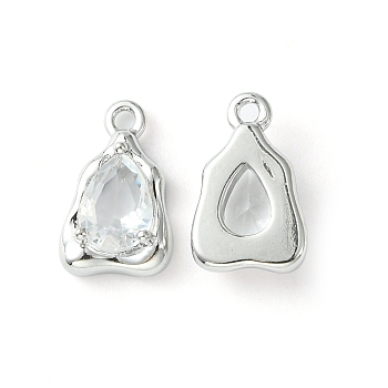Brass Micro Pave Clear Cubic Zirconia Charms, Irregular Teardrop Charm, Real Platinum Plated, 12.5x8x3.5mm, Hole: 1.2mm