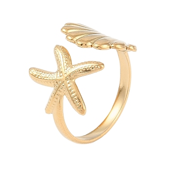 304 Stainless Steel Starfish & Shell Open Cuff Rings for Women, Real 18K Gold Plated, Inner Diameter: 18mm