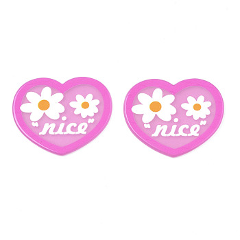 Transparent Printed Acrylic Cabochons, Heart with Flower & Word Nice, Violet, 33x39x1.5mm