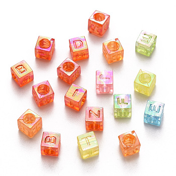Transparent Acrylic Beads, Horizontal Hole, AB Color Plated, Cube with Mixed Initial Letters, Mixed Color, 6x6x6mm, Hole: 3mm, about 3800pcs/500g