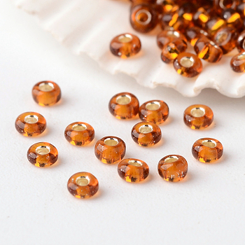 12/0 Grade A Transparent Silver Lined Round Glass Seed Beads, Saddle Brown, 2x1.5mm, Hole: 0.5mm, about 5000pcs/50g