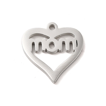 Mother's Day Theme 304 Stainless Steel Pendants, Stainless Steel Color, Heart with Word Mom Charms, Heart, 16.5x15.5x1.3mm, Hole: 1.5mm