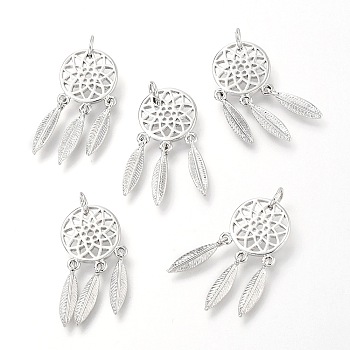 5Pcs Brass Pendants, Woven Net/Web with Feather, Real Platinum Plated, 26x12x1.34mm, Hole: 3.4mm
