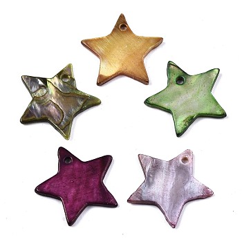 Natural Freshwater Shell Pendants, Dyed, Star, Mixed Color, 19~20x20.5~21.5x1~2mm, Hole: 1.6mm