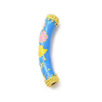Pack Plating Alloy Enamel Beads, Matte Gold Color, Curved Tube with Flower, Dodger Blue, 9.5x37x7mm, Hole: 3mm