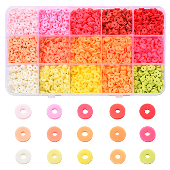 2250Pcs 15 Colors Handmade Polymer Clay Beads, Disc/Flat Round, Heishi Beads, Mixed Color, 6x1mm, Hole: 2mm, about 150pcs/color