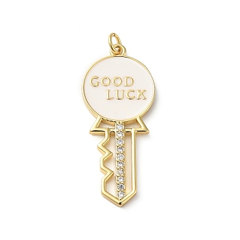 Rack Plating Brass Pave Cubic Zirconia Enamel Pendants, with Jump Ring, Lead Free & Cadmium Free, Real 18K Gold Plated, Long-Lasting Plated, Key with Word Good Luck Charm, White, 38x16x2mm, Hole: 3.4mm