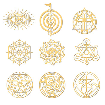 Nickel Decoration Stickers, Metal Resin Filler, Epoxy Resin & UV Resin Craft Filling Material, Golden, Religion Mistery Symbol Theme, Mixed Shapes, 40x40mm, 9 style, 1pc/style, 9pcs/set