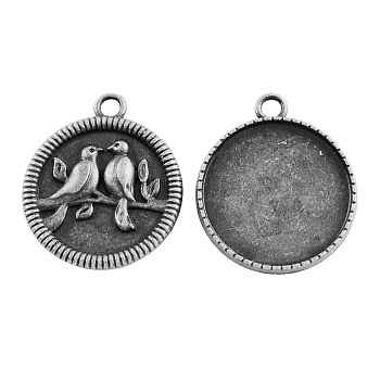 Tibetan Style Alloy Carved Birds Pendant Cabochon Bezel Settings, Cadmium Free & Nickel Free & Lead Free, Antique Silver, Flat Round Tray: 25mm, 32x28x4mm, Hole: 3mm, about 166pcs/kg