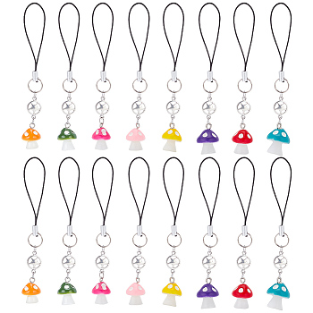 2 Sets Mushroom Opaque Resin Mobile Strap, Cord Loop and Alloy Pentacle Links Mobile Decorative Accessories, Mixed Color, 10.6cm, 8pcs/set