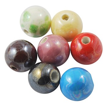 Mixed Pearlized Plated Handmade Porcelain Round Beads, about 6mm in diameter, hole: 1mm