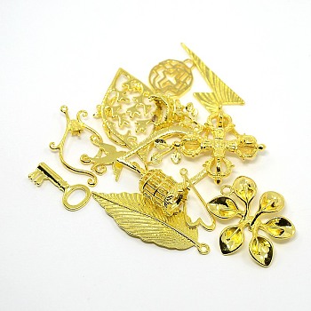 Mixed Golden Brass Pendants DIY Jewelry Findings, Mixed Shapes, Lead Free & Nickel Free, 12~47x10~31x1~10mm, Hole: 1~2x6mm