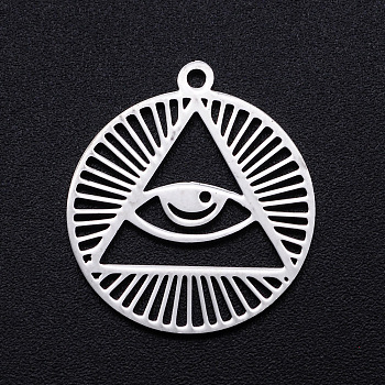 201 Stainless Steel Pendants, Filigree Joiners Findings, Laser Cut, Flat Round with Eye, All Seeing Eye, Stainless Steel Color, 22x19.5x1mm, Hole: 1.5mm