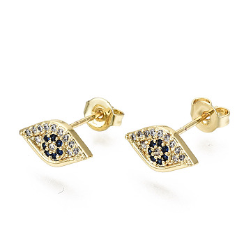 Brass Micro Pave Cubic Zirconia Stud Earrings, with Ear Nuts, Nickel Free, Eye, Blue, Real 16K Gold Plated, 6x11.5mm, Pin: 0.8mm
