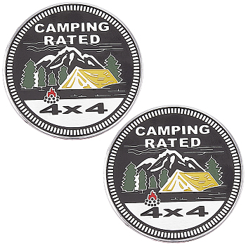 Flat Round Aluminum Car Decorative Stickers, Word CAMPING RATED Self Adhesive Metal Decals for Vehicle Decoration, Mountain, 60.5x3mm