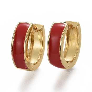 Brass Huggie Hoop Earrings, with Enamel, Long-Lasting Plated, Real 18K Gold Plated, Ring, Dark Red, 13x4mm, Pin: 1mm