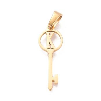 304 Stainless Steel Initial Pendants, Large Hole Pendants, Key with Letter, Golden, Letter.K, 25x8.5x1mm, Hole: 6x2.5mm