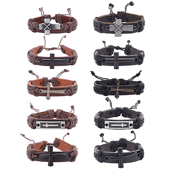 10Pcs 10 Style Alloy Link Bracelets Set, Leater Cord Adjustable Bracelets for Men Women, Mixed Color, Inner Diameter: 2-1/4~3-3/4 inch(5.5~9.5cm), 1Pc/style
