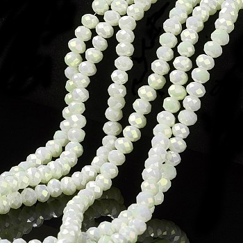 Electroplate Opaque Glass Beads Strands, Full Rainbow Plated, Faceted, Rondelle, White, 6x5mm, Hole: 1mm, about 85~88pcs/strand, 16.1~16.5 inch(41~42cm)