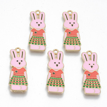 Alloy Enamel Pendants, Cadmium Free & Lead Free, Rabbit, Light Gold, Colorful, 31.5x11x1.5mm, Hole: 1.8mm