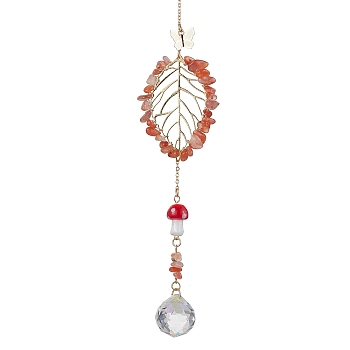Carnelian with Glass and Lampwork Pendant Decorations, With Alloy Finding, Leaf, 250mm