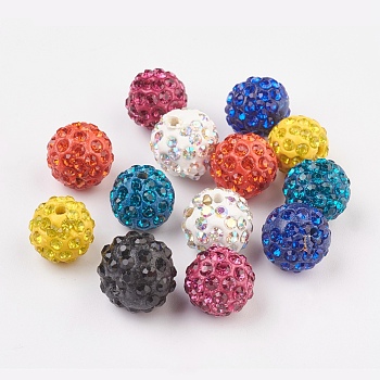 Pave Disco Ball Beads, Polymer Clay Rhinestone Beads, Round, Mixed Color, 12mm, Hole: 1.8mm