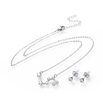 304 Stainless Steel Jewelry Sets, Brass Micro Pave Cubic Zirconia Pendant Necklaces and 304 Stainless Steel Stud Earrings, with Ear Nuts/Earring Back, Twelve Constellations, Clear, Leo, 465x1.5mm