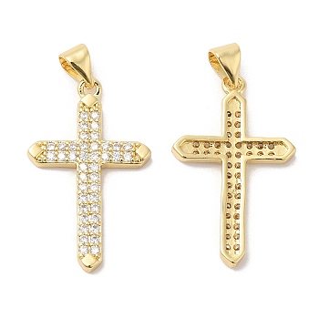 Brass Micro Pave Clear Cubic Zirconia Pendants, Cross, Real 16K Gold Plated, 27x16.5x2.5mm, Hole: 5x3.5mm