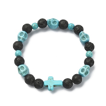 Dyed Natural & Synthetic Mixed Gemstone Skull & Cross Beaded Stretch Bracelets, Turquoise, Inner Diameter: 2-1/4 inch(5.8cm)