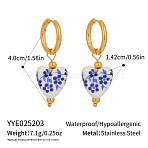 Stainless Steel Ceramic Hoop Earrings, Real 18K Gold Plated, Heart, 40x14.2mm(AZ9482-5)
