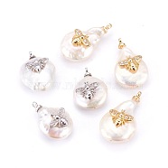 Natural Cultured Freshwater Pearl Pendants, with Brass Cubic Zirconia Cabochons, Long-Lasting Plated, Nuggets with Bees, Mixed Color, 14~18x20~29x5~8mm, Hole: 1.4mm(PEAR-F008-37)