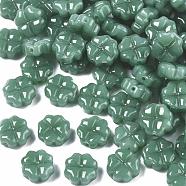 Spray Painted Glass Beads, Imitation Jade, Clover, Sea Green, 10x10x5mm, Hole: 1mm(X-GLAA-N035-019-A01)