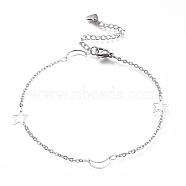 304 Stainless Steel Cable Chain Anklets, with Moon & Star Links and Lobster Claw Clasps, Stainless Steel Color, 9-1/8 inch(23cm)(AJEW-M026-07P)