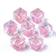 Transparent Epoxy Resin Pendants, with Polymer Clay Inside and Golden Plated Iron Loop, Cube with Daisy Inside, Pearl Pink, 17x14x14mm, Hole: 2mm(CRES-N025-08C)