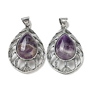 Natural Amethyst Pendants, Antique Silver Plated Alloy Teardrop Charms, 48.5x33x12~13mm, Hole: 8x6.5mm(G-Z050-02C)